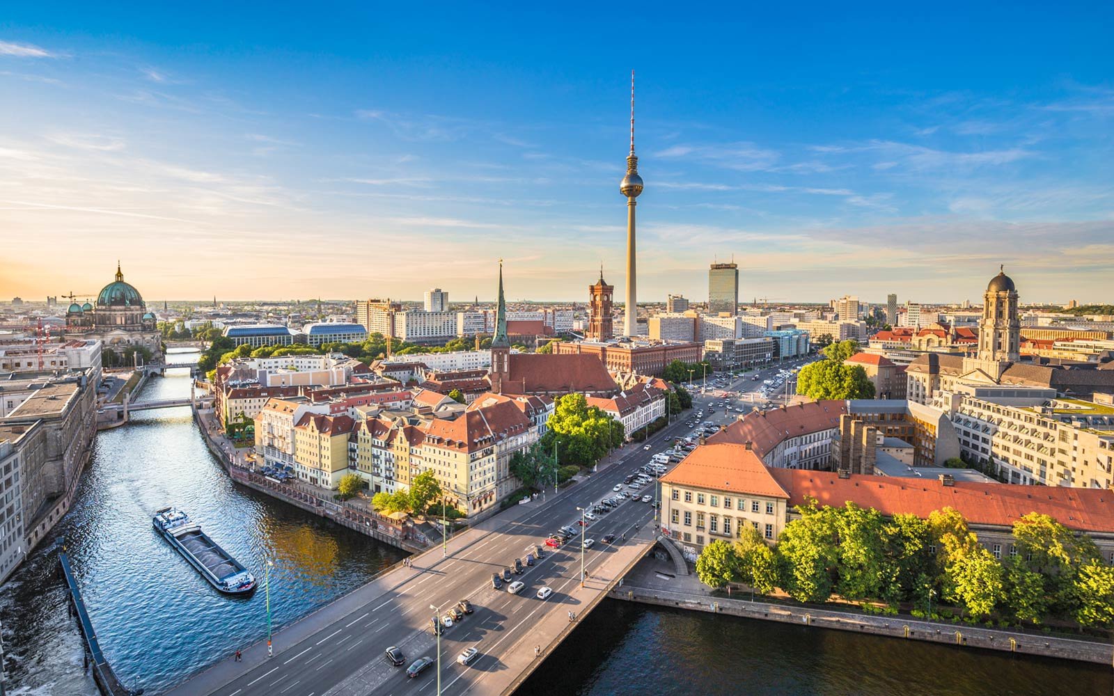 Aerial view of Berlin skyline with Spree river in summer, German
